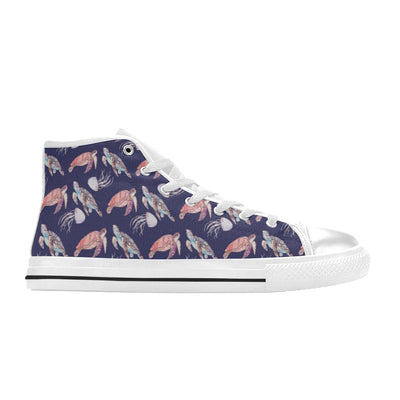 Sea Turtle With Jelly Fish Print Design LKS301 High Top Women's White Shoes