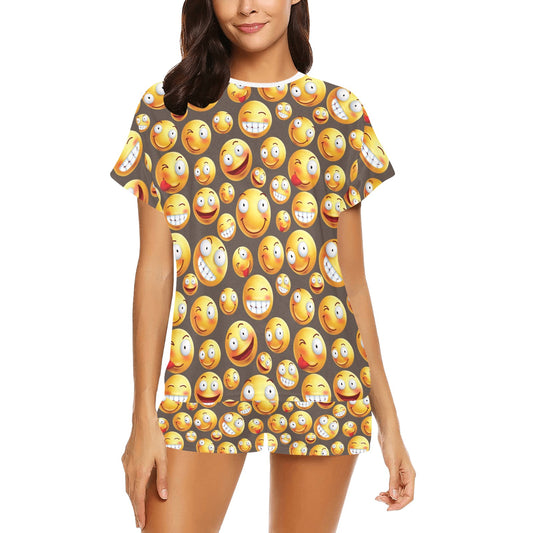 Smiley Face Emoji Print Design LKS303 Women's Short Pajama Set