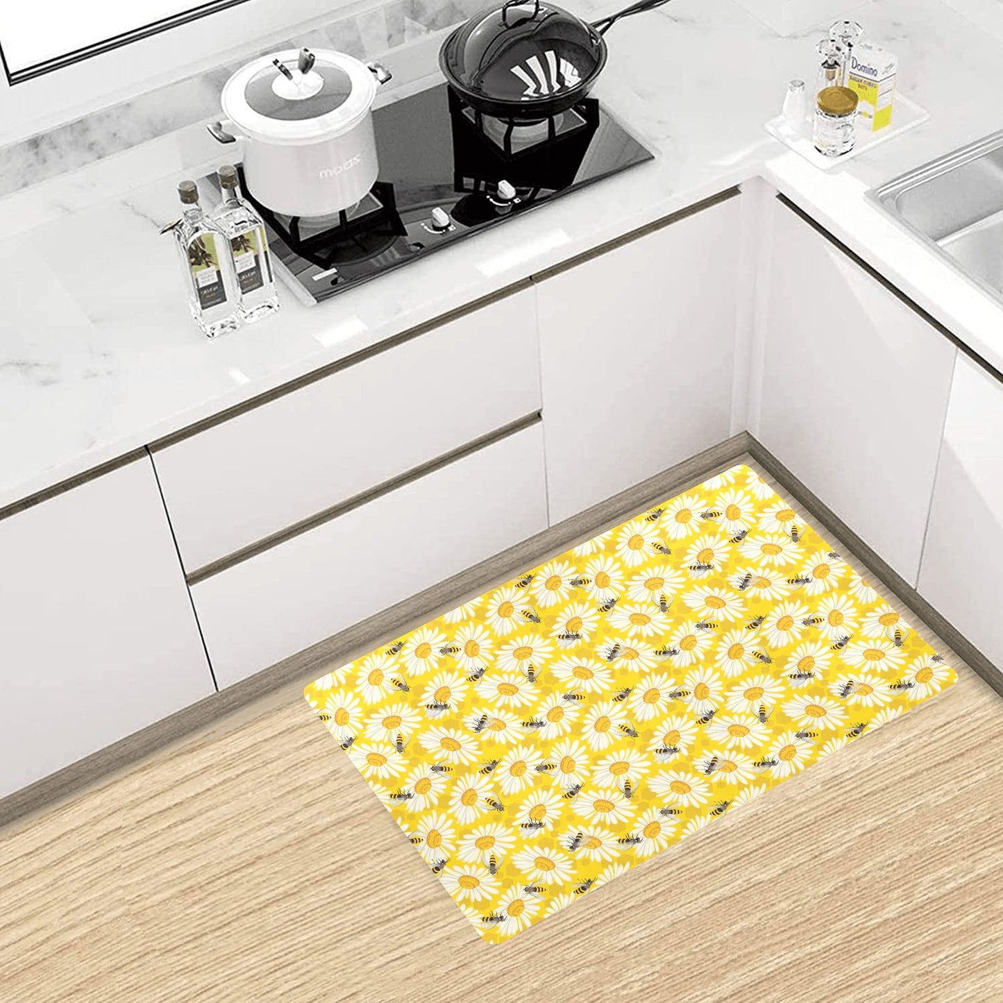 Bee Daisy Pattern Print Design 06 Kitchen Mat