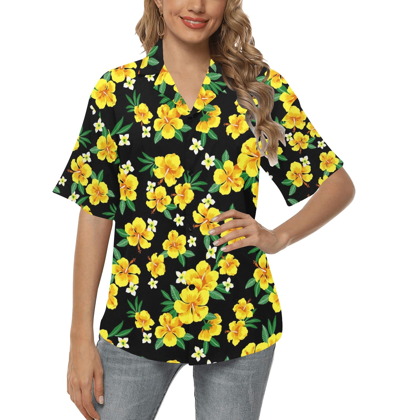 Yellow Hibiscus Pattern Print Design HB08 Women's Hawaiian Shirt