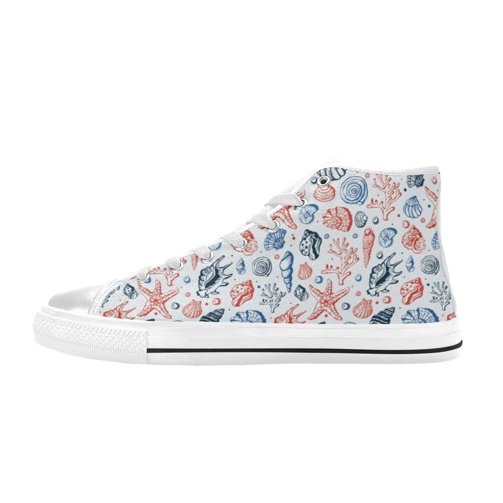 Seashell Print Design LKS307 High Top Women's White Shoes