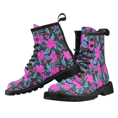 Neon Pink Hibiscus Pattern Print Design HB015 Women's Boots