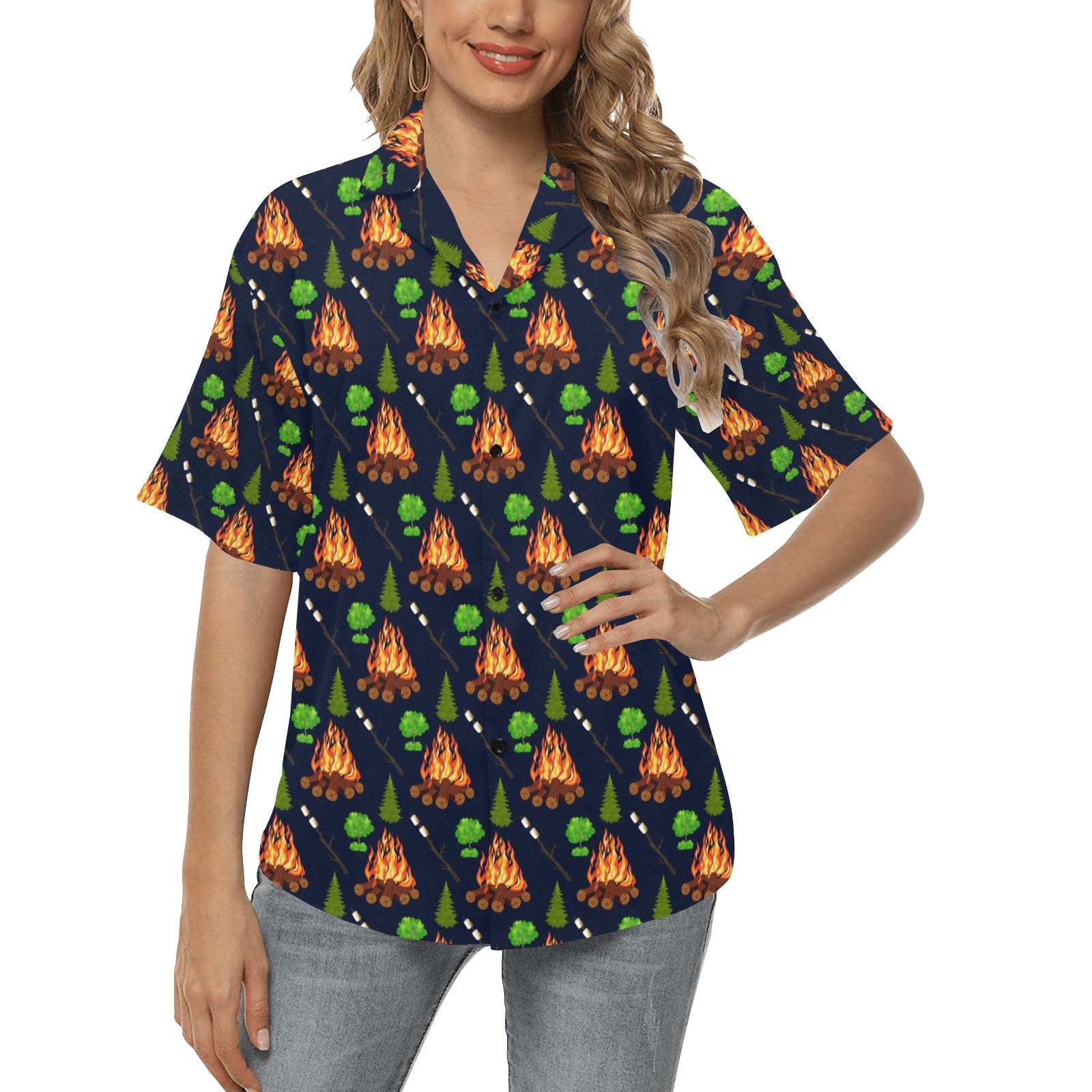 Camfire marshmallow Camping Design Print Women's Hawaiian Shirt