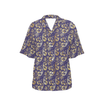 Paisley Blue Yellow Design Print Women's Hawaiian Shirt