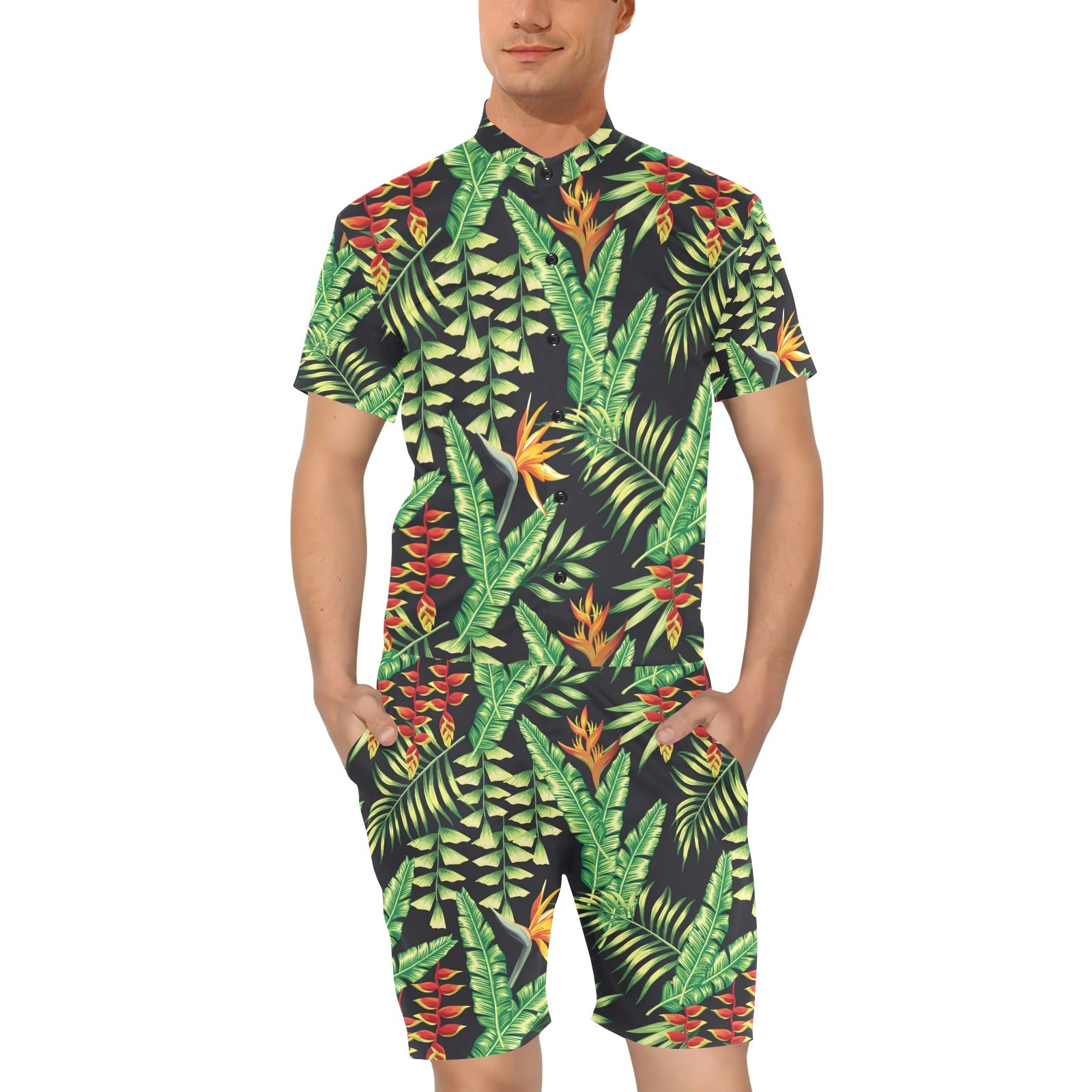 Hawaiian Flower Tropical Palm Leaves Men's Romper