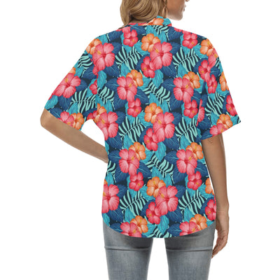 Red Hibiscus Pattern Print Design HB02 Women's Hawaiian Shirt