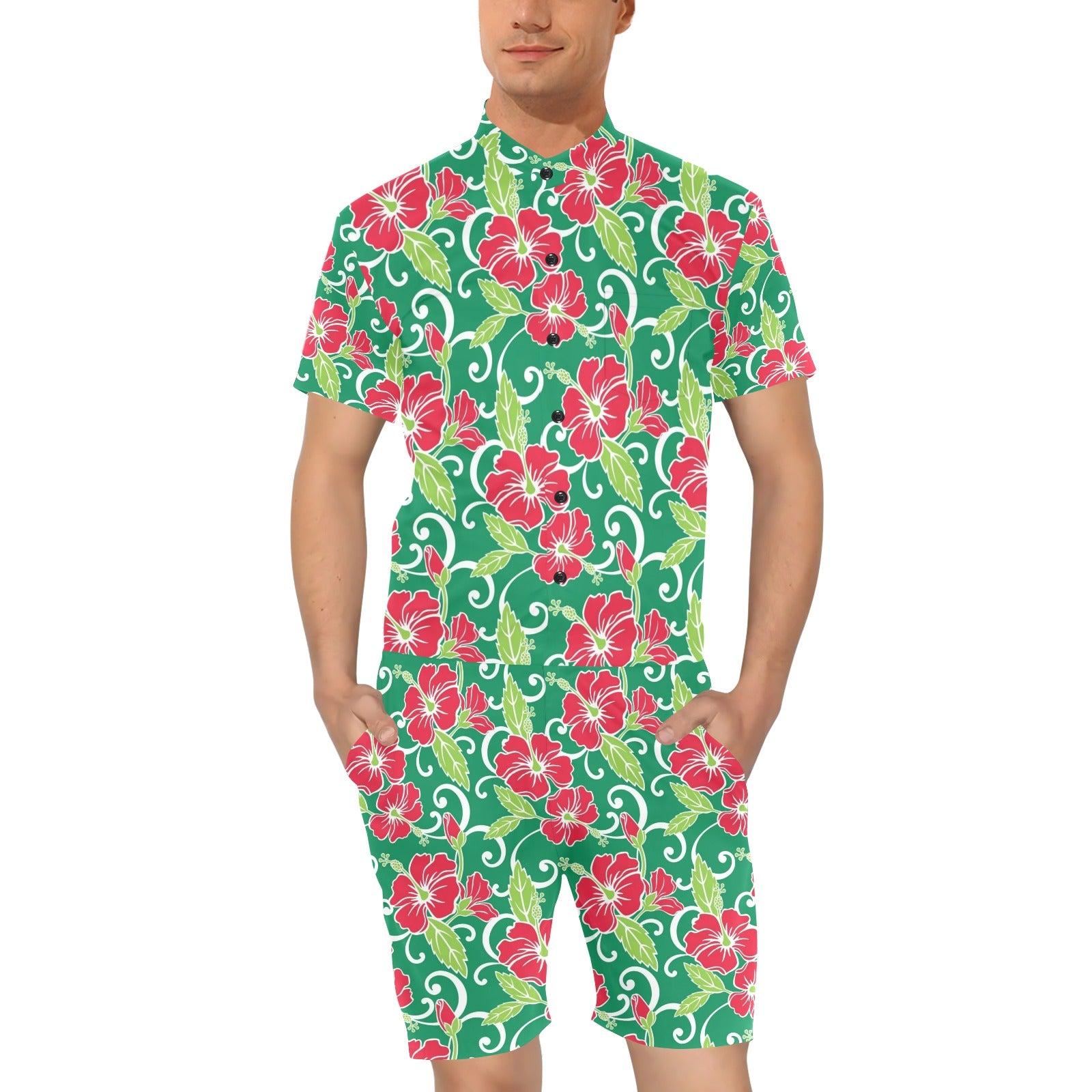 Red Hibiscus Pattern Print Design HB019 Men's Romper