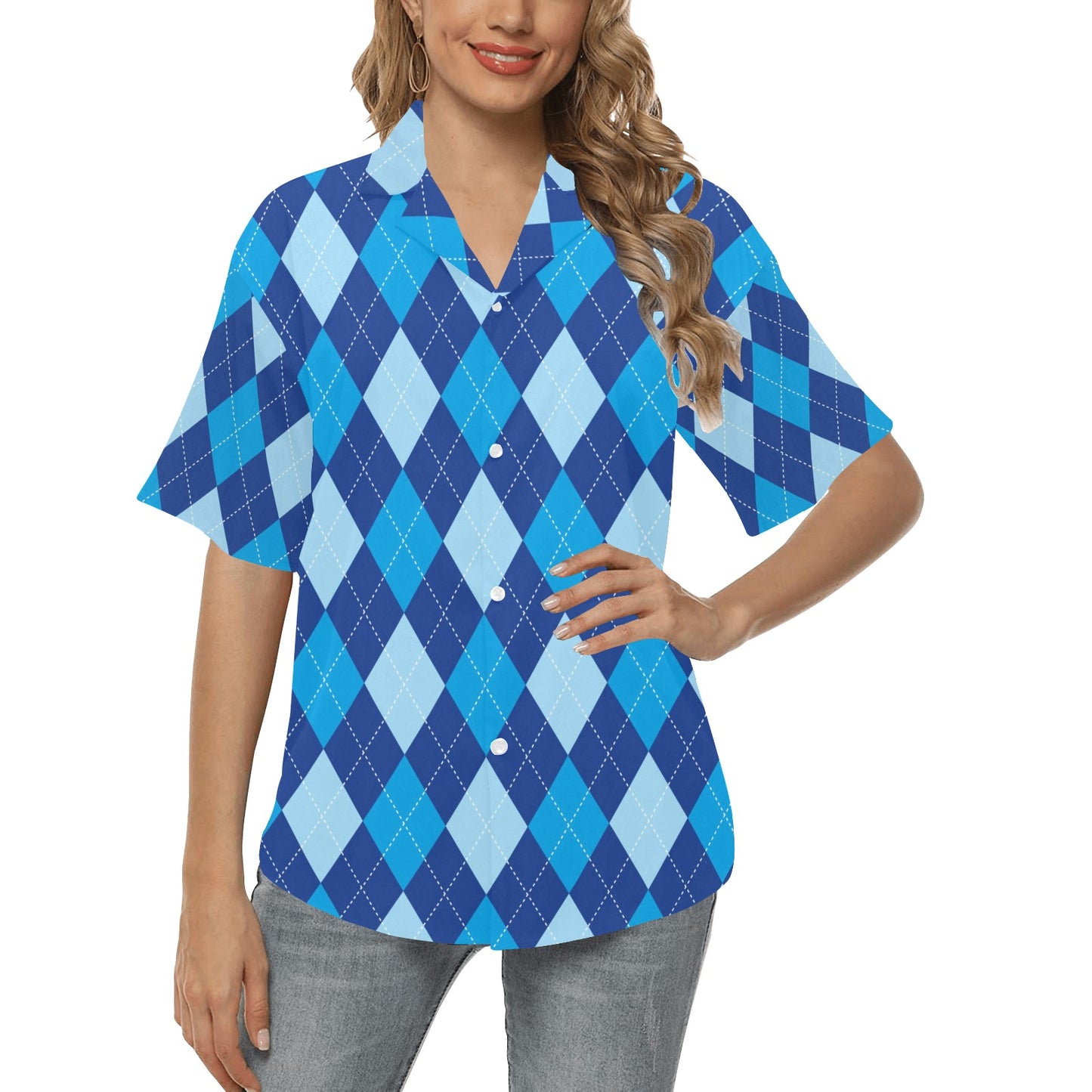 Argyle Blue Pattern Print Design 02 Women's Hawaiian Shirt