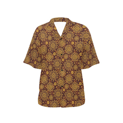 Gold Sunflower Hand Drawn Print Women's Hawaiian Shirt