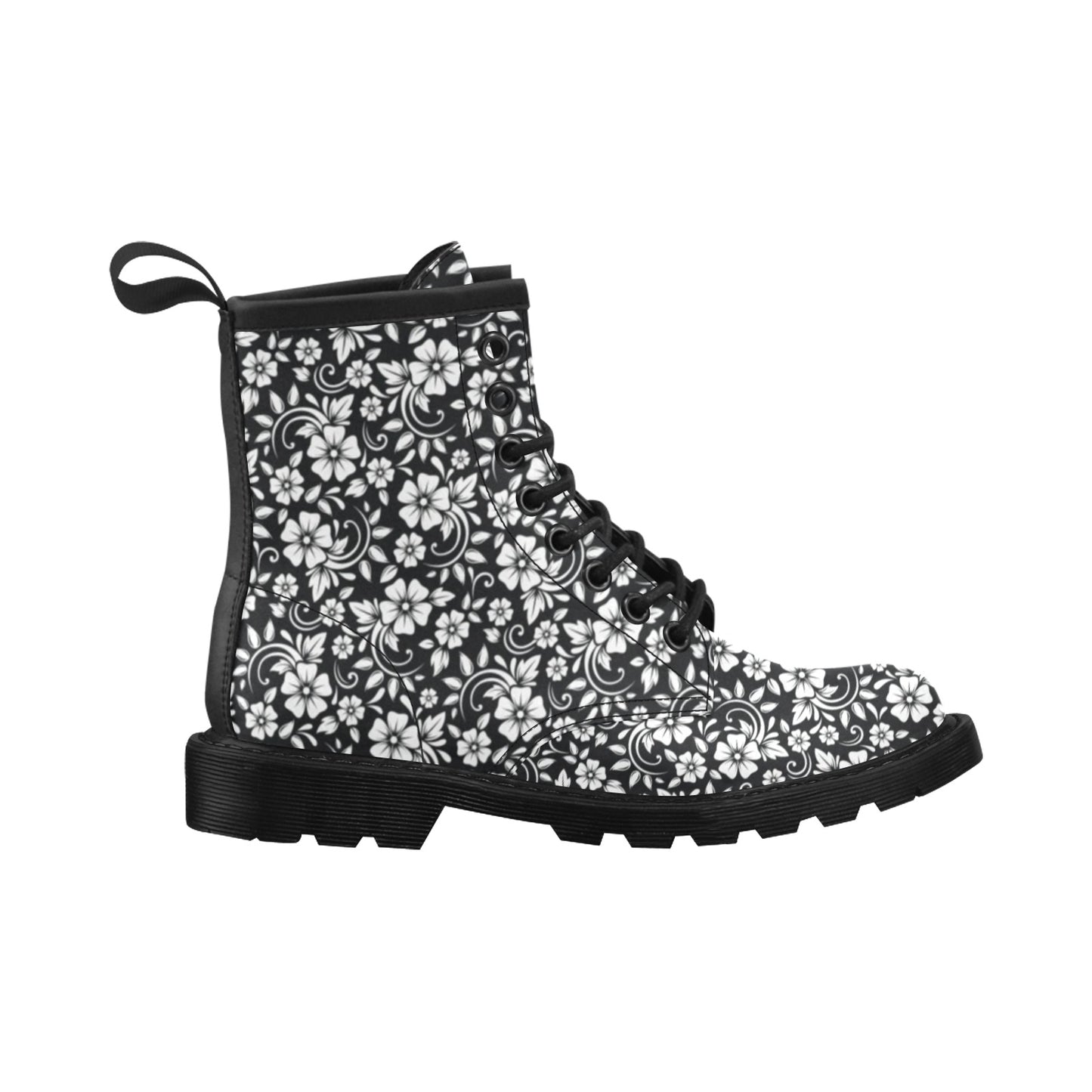 Floral Black White Themed Print Women's Boots