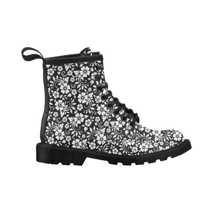 Floral Black White Themed Print Women's Boots