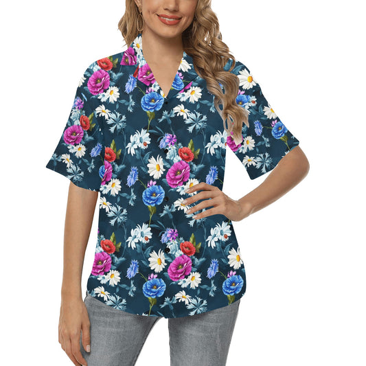 Floral Blue Themed Print Women's Hawaiian Shirt
