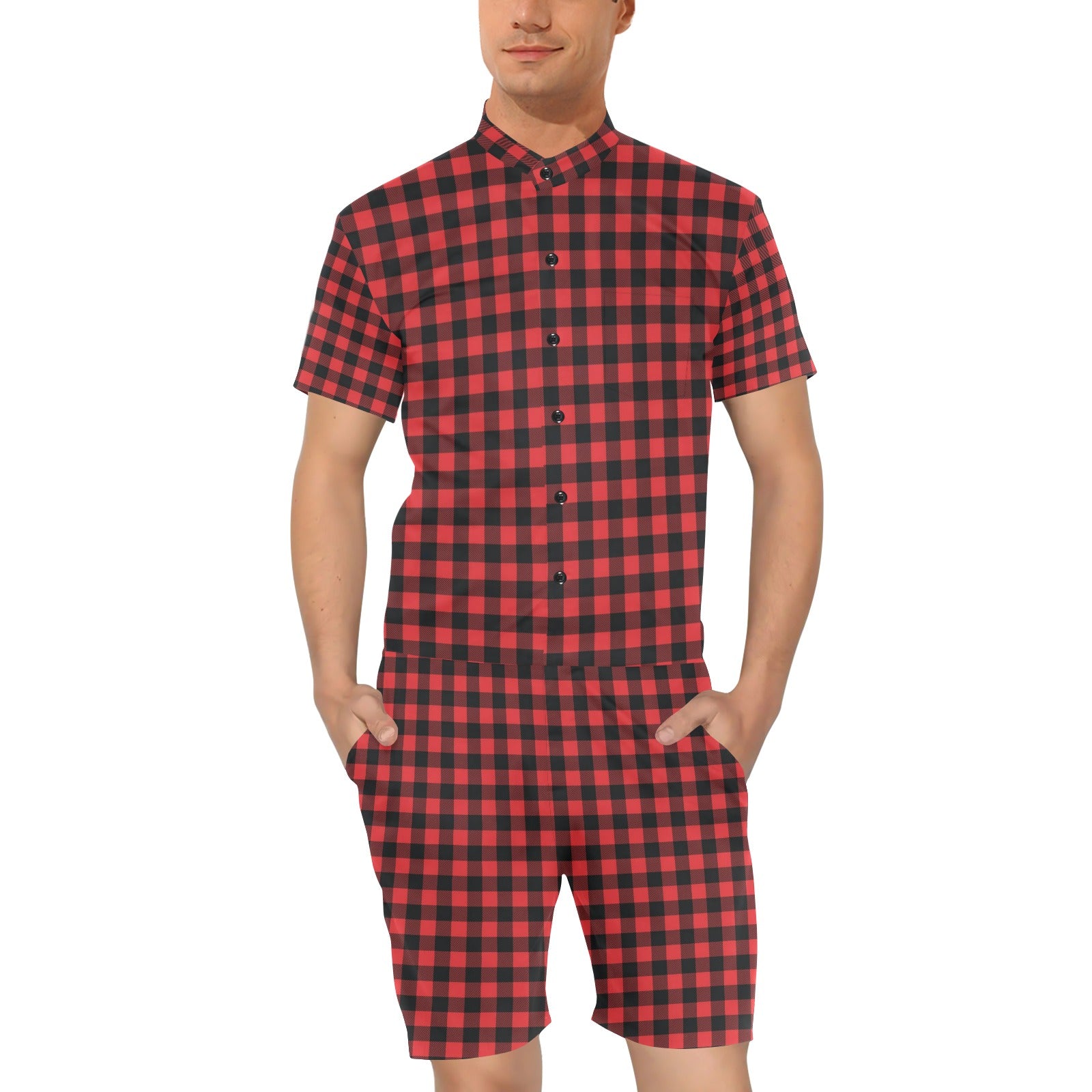 Red Black Buffalo Tartan Plaid Pattern Men's Romper