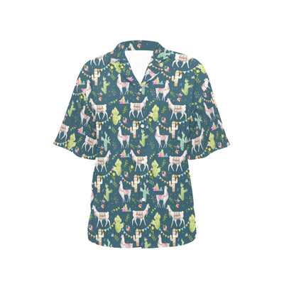 Llama with Cactus Design Print Women's Hawaiian Shirt