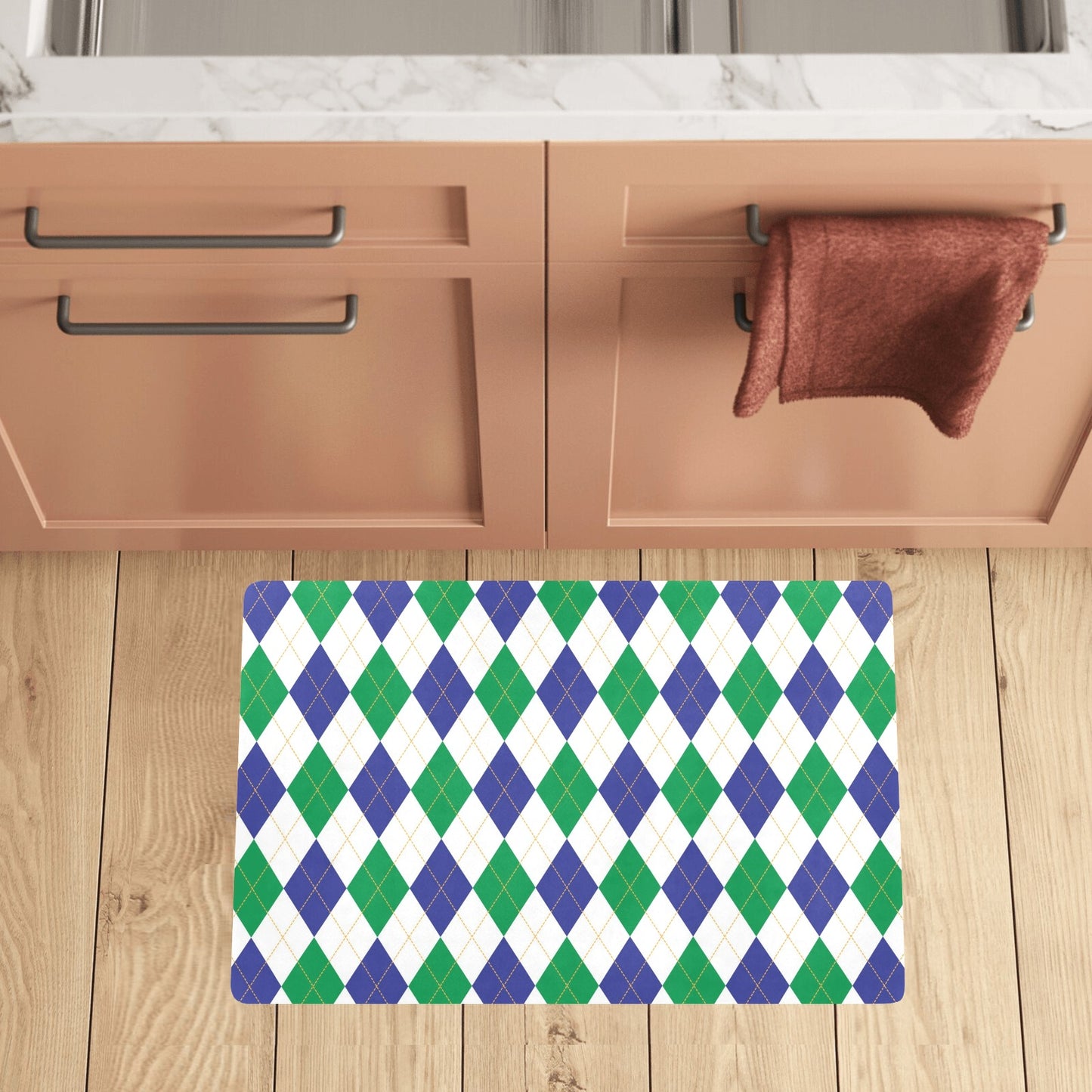 Argyle Green Blue Pattern Print Design 03 Kitchen Mat