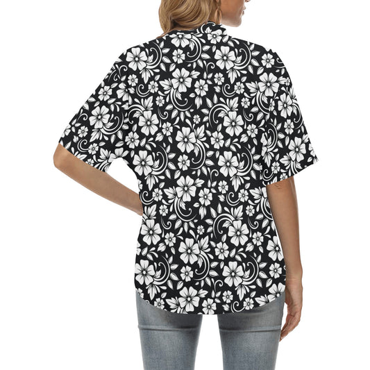Floral Black White Themed Print Women's Hawaiian Shirt