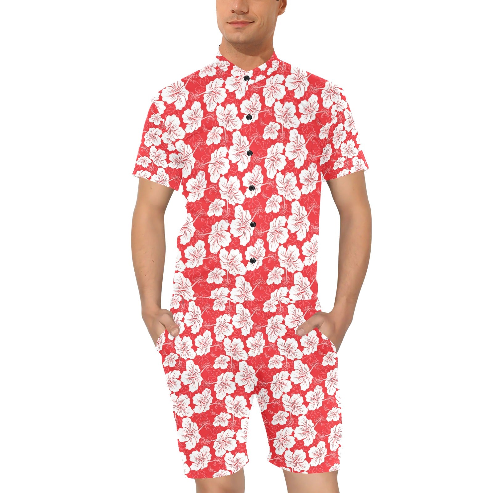 Flower Hawaiian Hibiscus Red Background Print Men's Romper