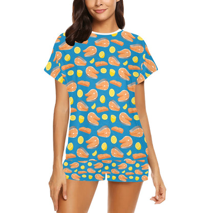 Salmon Steak With Lemon Print Design LKS308 Women's Short Pajama Set