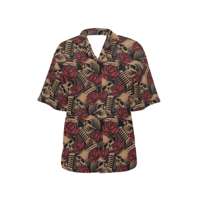 Microphone Skull Rose Pattern Print Design 02 Women's Hawaiian Shirt