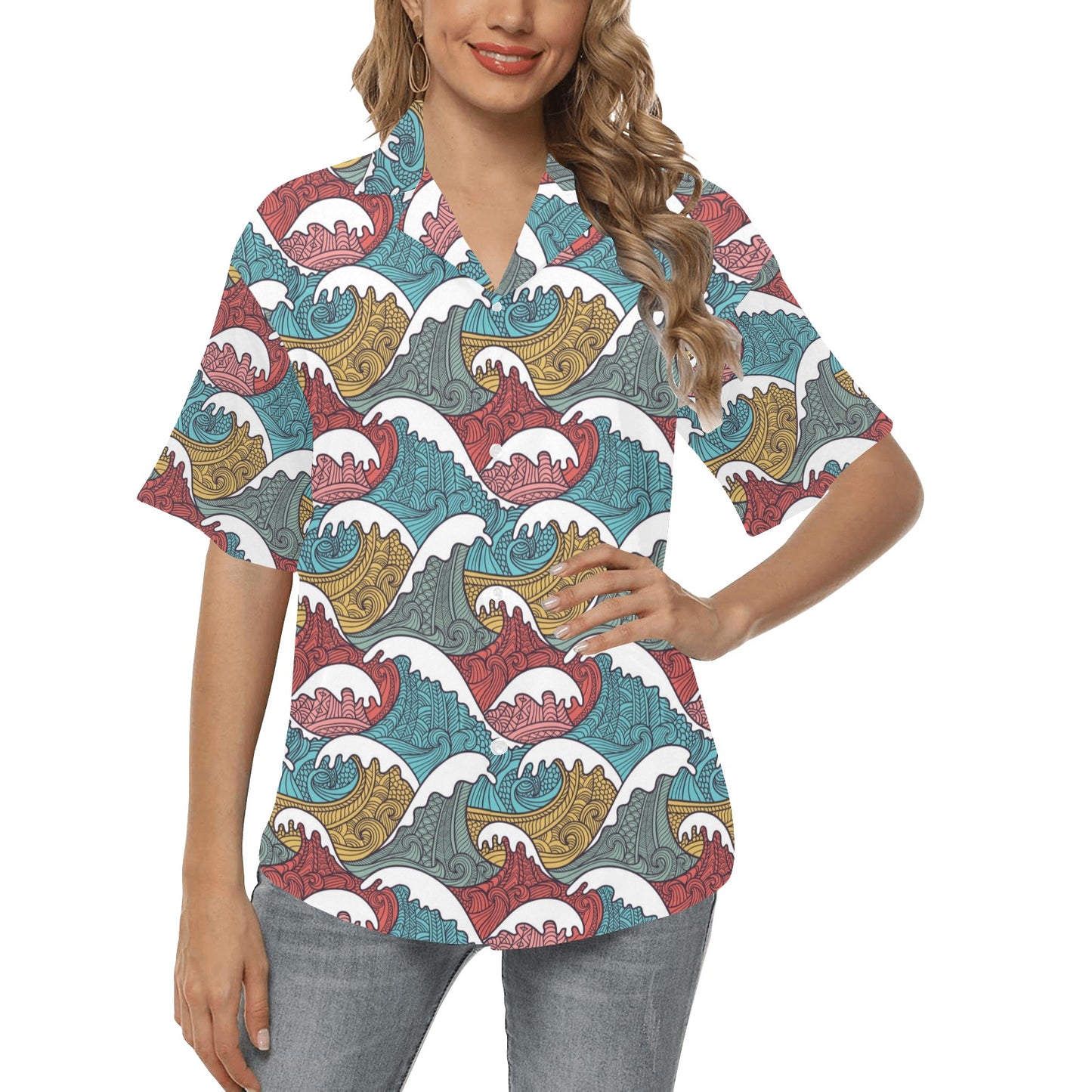 Tribal Wave Pattern Print Women's Hawaiian Shirt