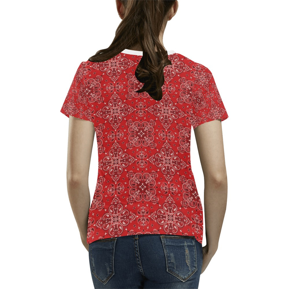 Bandana Red Pattern Print Design LKS3010 Women's  T-shirt