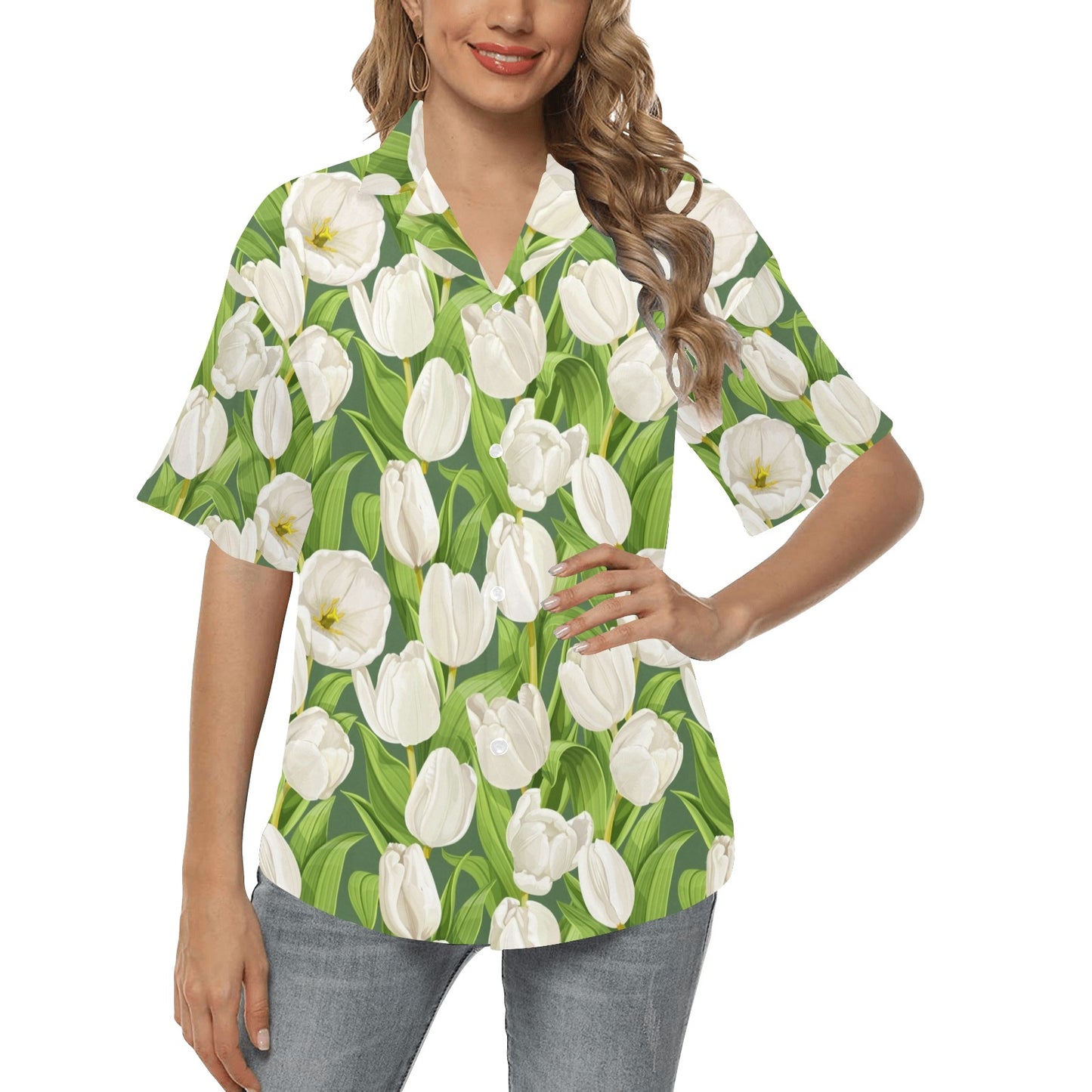 Tulip White Pattern Print Design TP05 Women's Hawaiian Shirt