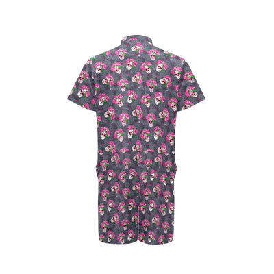 Sugar Skull Pink Rose Themed Print Men's Romper