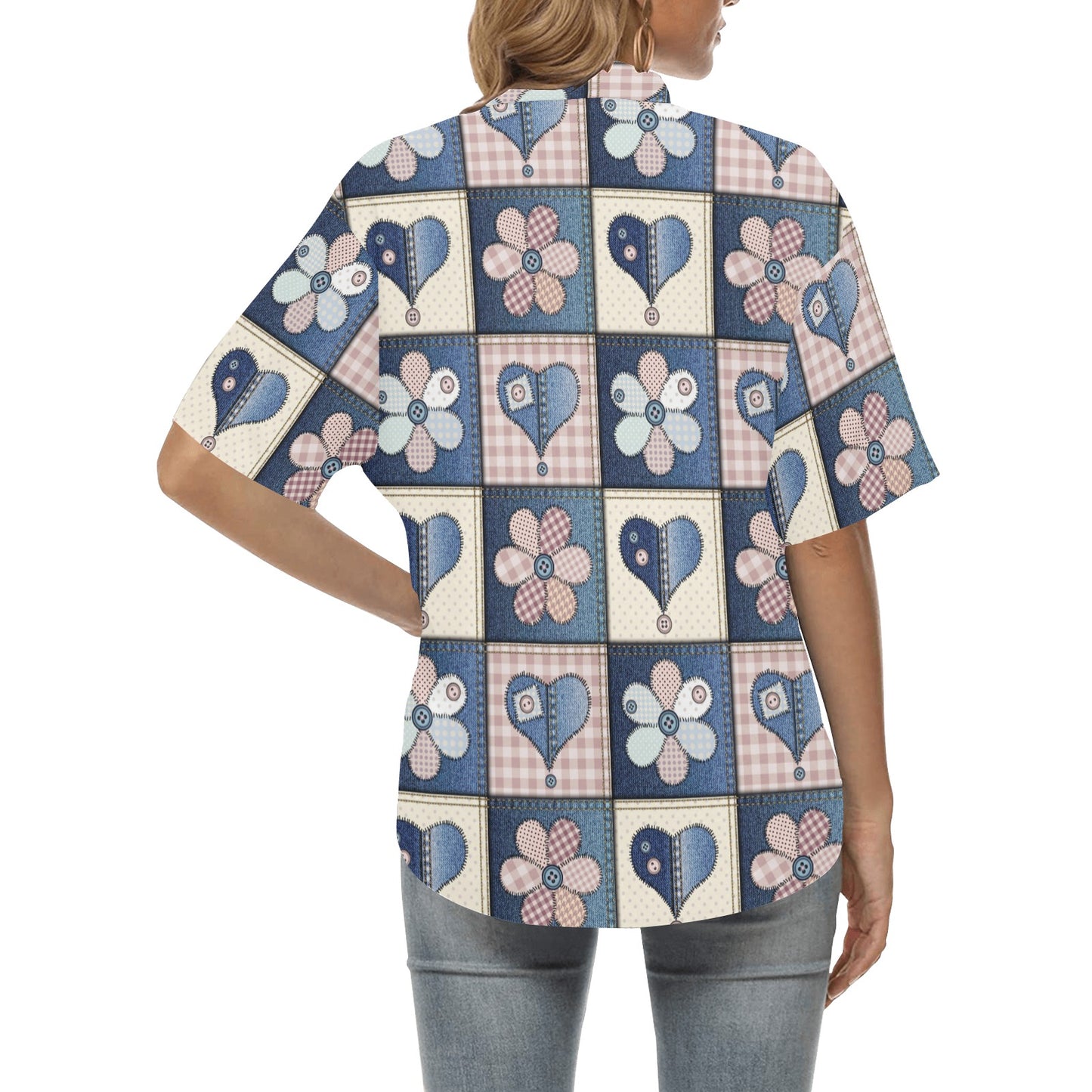 Patchwork Heart Flower Pattern Print Design 01 Women's Hawaiian Shirt