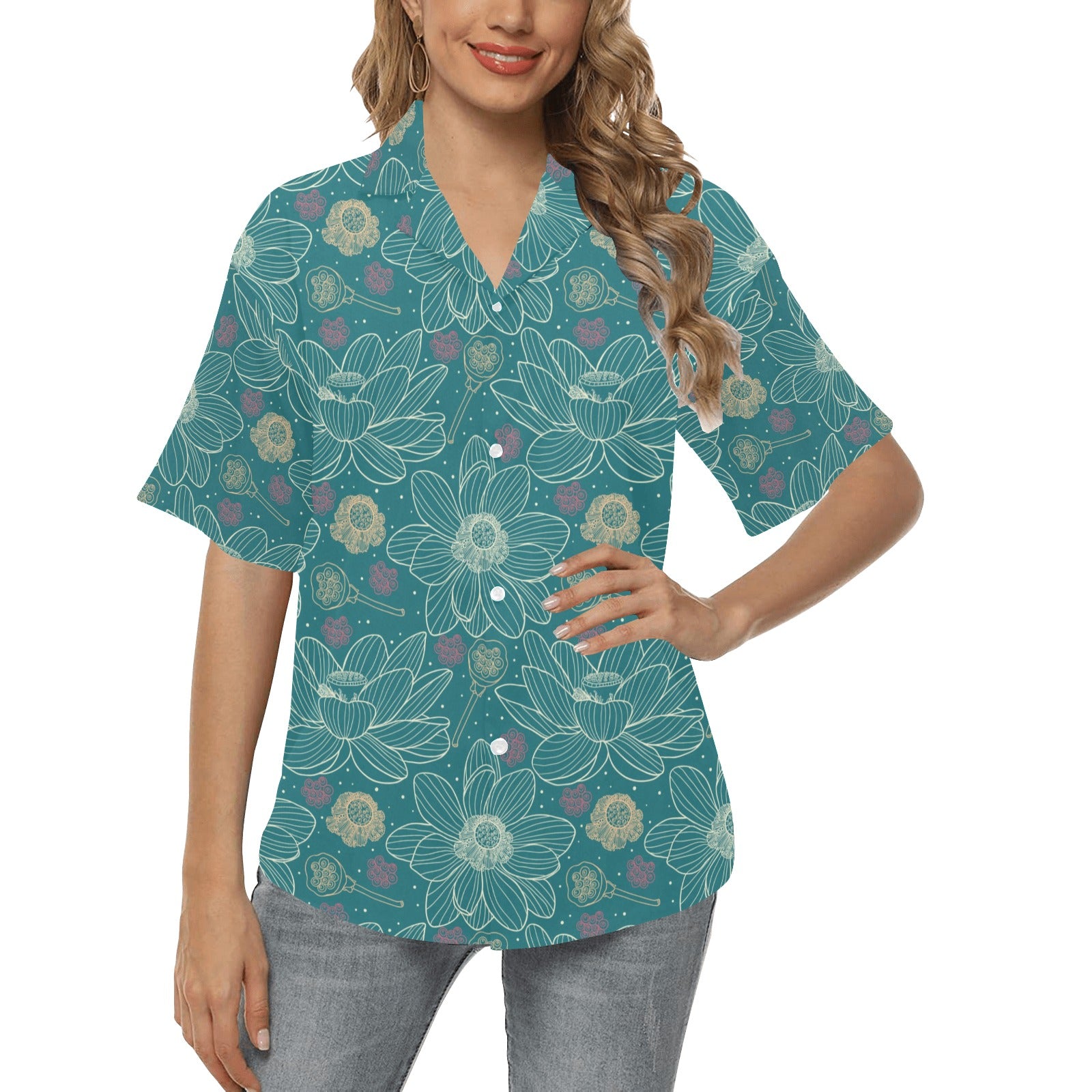 Lotus Pattern Print Design 01 Women's Hawaiian Shirt