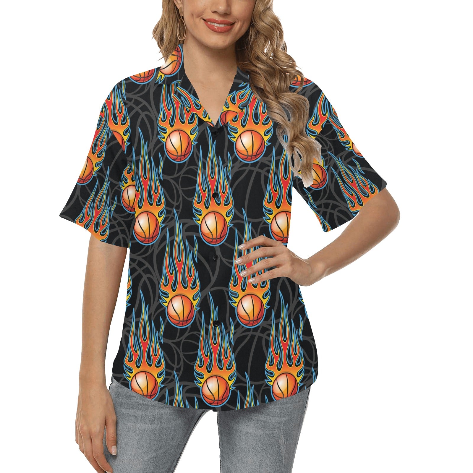 Basketball Fire Print Pattern Women's Hawaiian Shirt