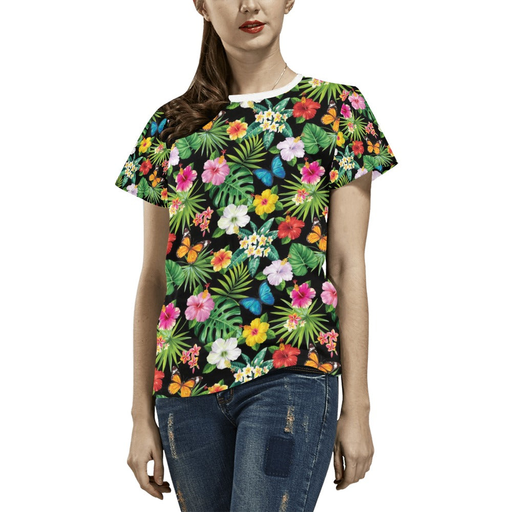 Hibiscus With Butterfly Print Design LKS305 Women's  T-shirt