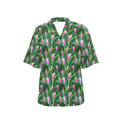 Tropical Folower Pink Heliconia Print Women's Hawaiian Shirt