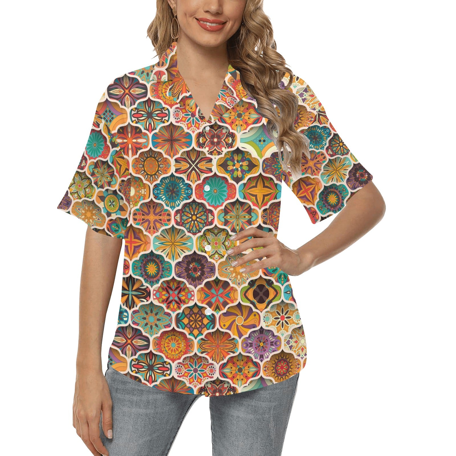 Mandala Mosaic Themed Design Print Women's Hawaiian Shirt