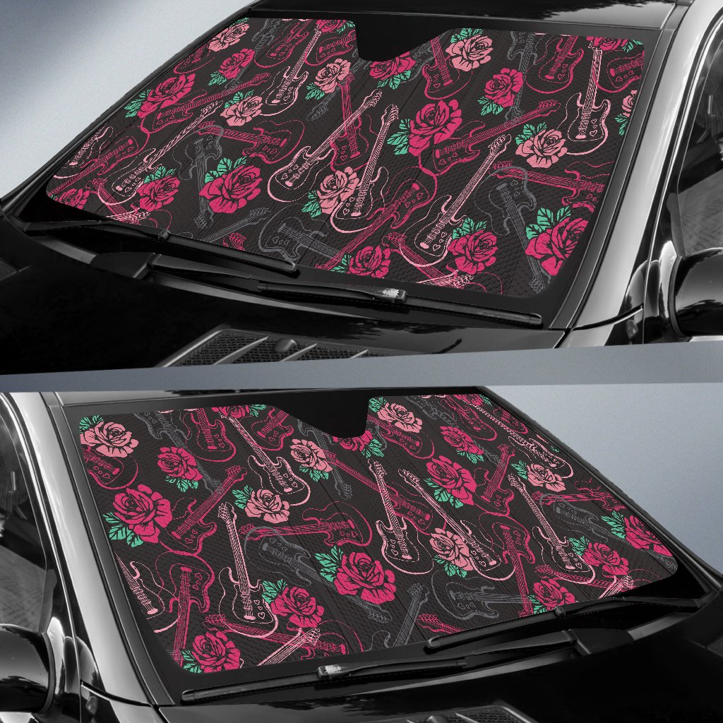 Bass Guitar Pink Rose Pattern Print Design 01 Car Sun Shade-JORJUNE.COM