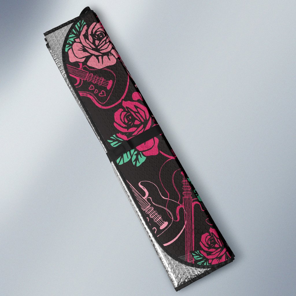 Bass Guitar Pink Rose Pattern Print Design 01 Car Sun Shade-JORJUNE.COM