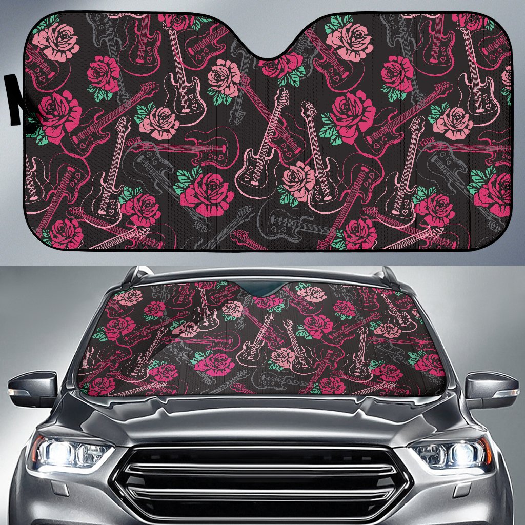 Bass Guitar Pink Rose Pattern Print Design 01 Car Sun Shade-JORJUNE.COM