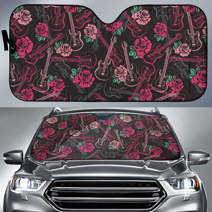 Bass Guitar Pink Rose Pattern Print Design 01 Car Sun Shade-JORJUNE.COM