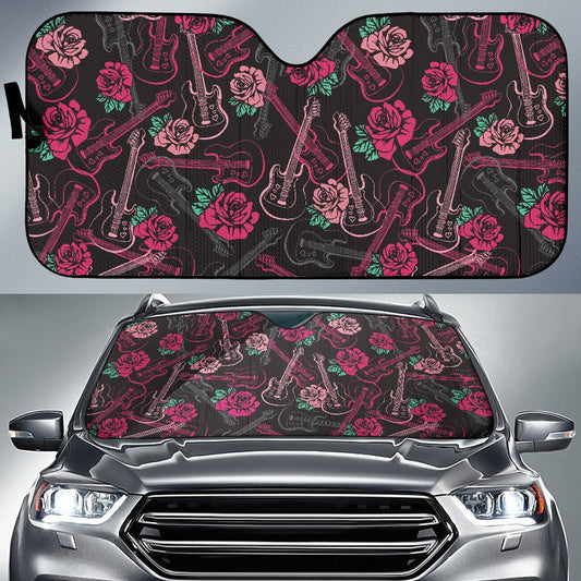 Bass Guitar Pink Rose Pattern Print Design 01 Car Sun Shade-JORJUNE.COM