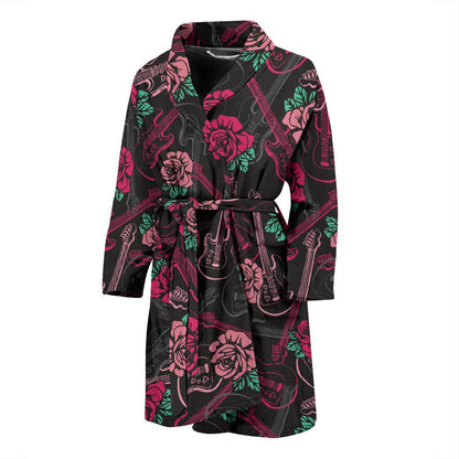 Bass Guitar Pink Rose Pattern Print Design 01 Men Bathrobe-JORJUNE.COM