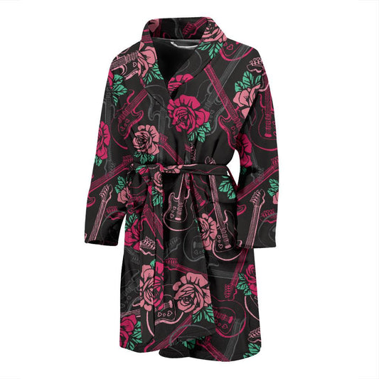 Bass Guitar Pink Rose Pattern Print Design 01 Men Bathrobe-JORJUNE.COM