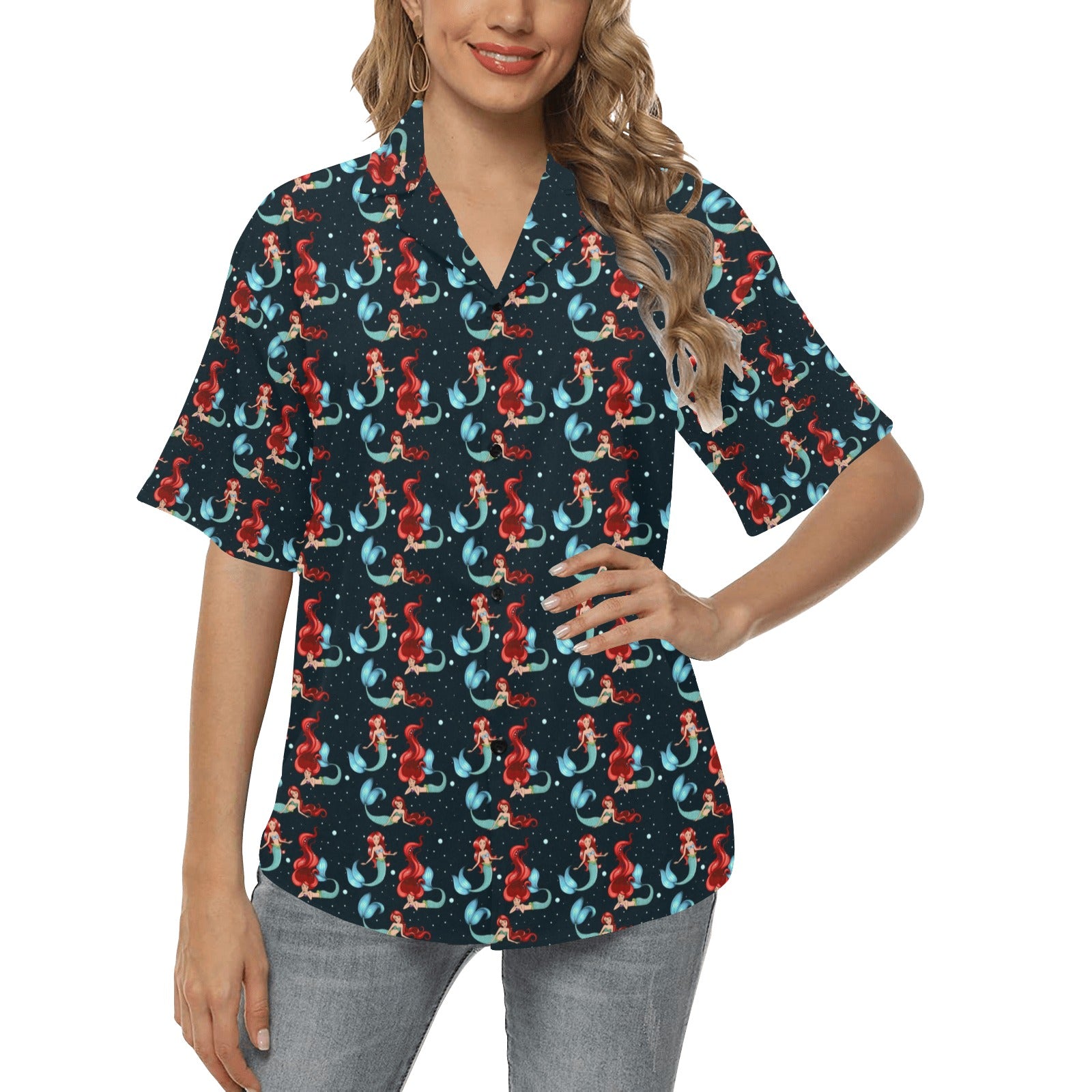 Mermaid Girl Themed Design Print Women's Hawaiian Shirt