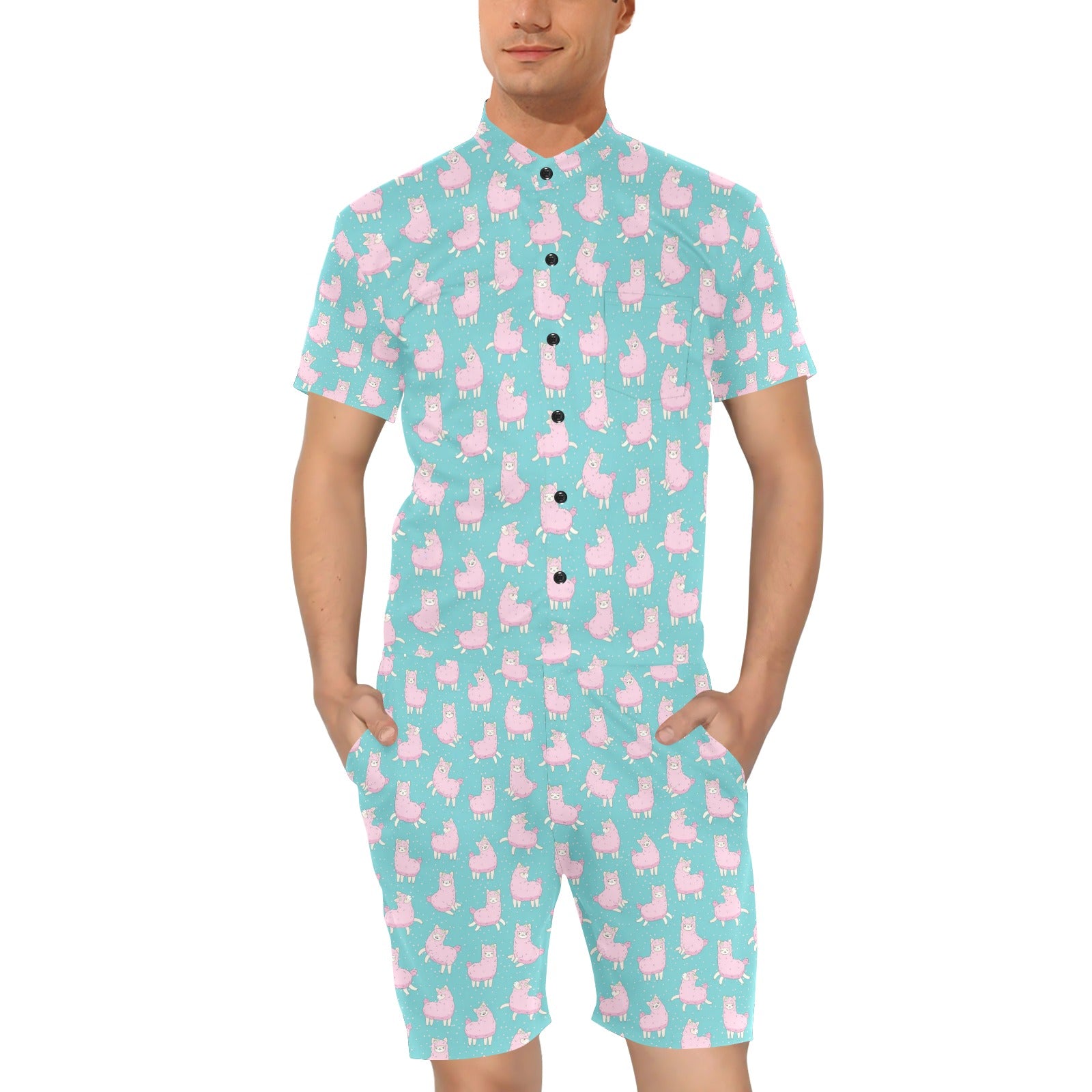 Alpaca Cartoon Design Themed Print Men's Romper