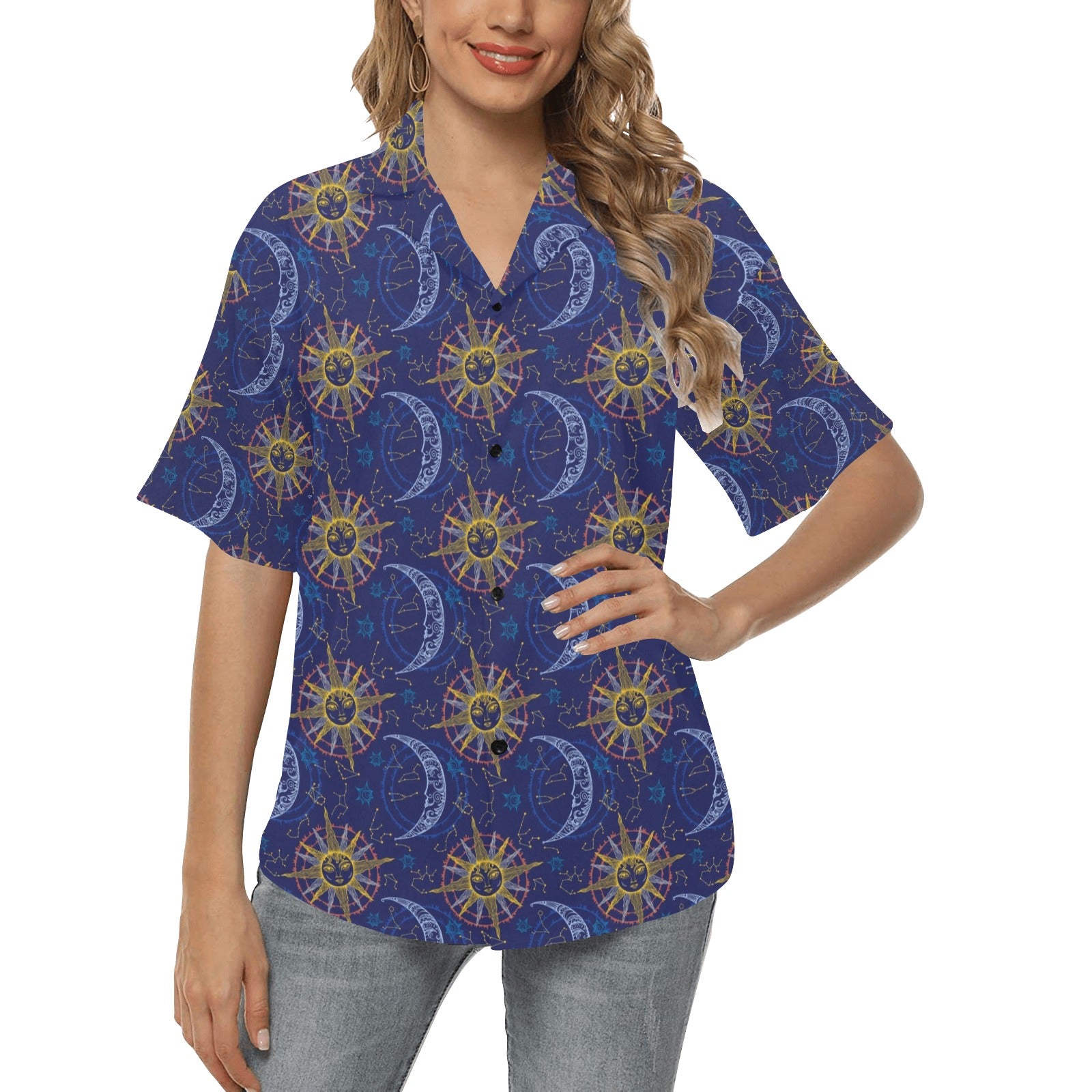 Celestial Moon Sun Pattern Print Design 01 Women's Hawaiian Shirt