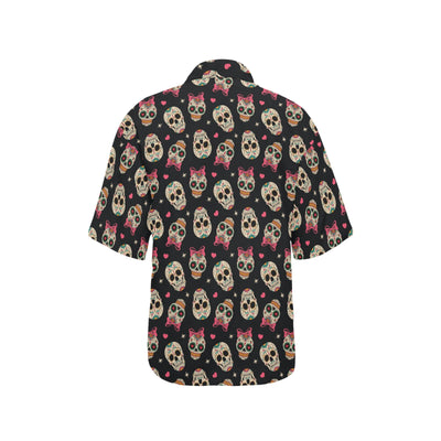 Sugar Skull Pink Bow Themed Print Women's Hawaiian Shirt