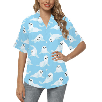Sea Lion Cute Pattern Print Design 03 Women's Hawaiian Shirt