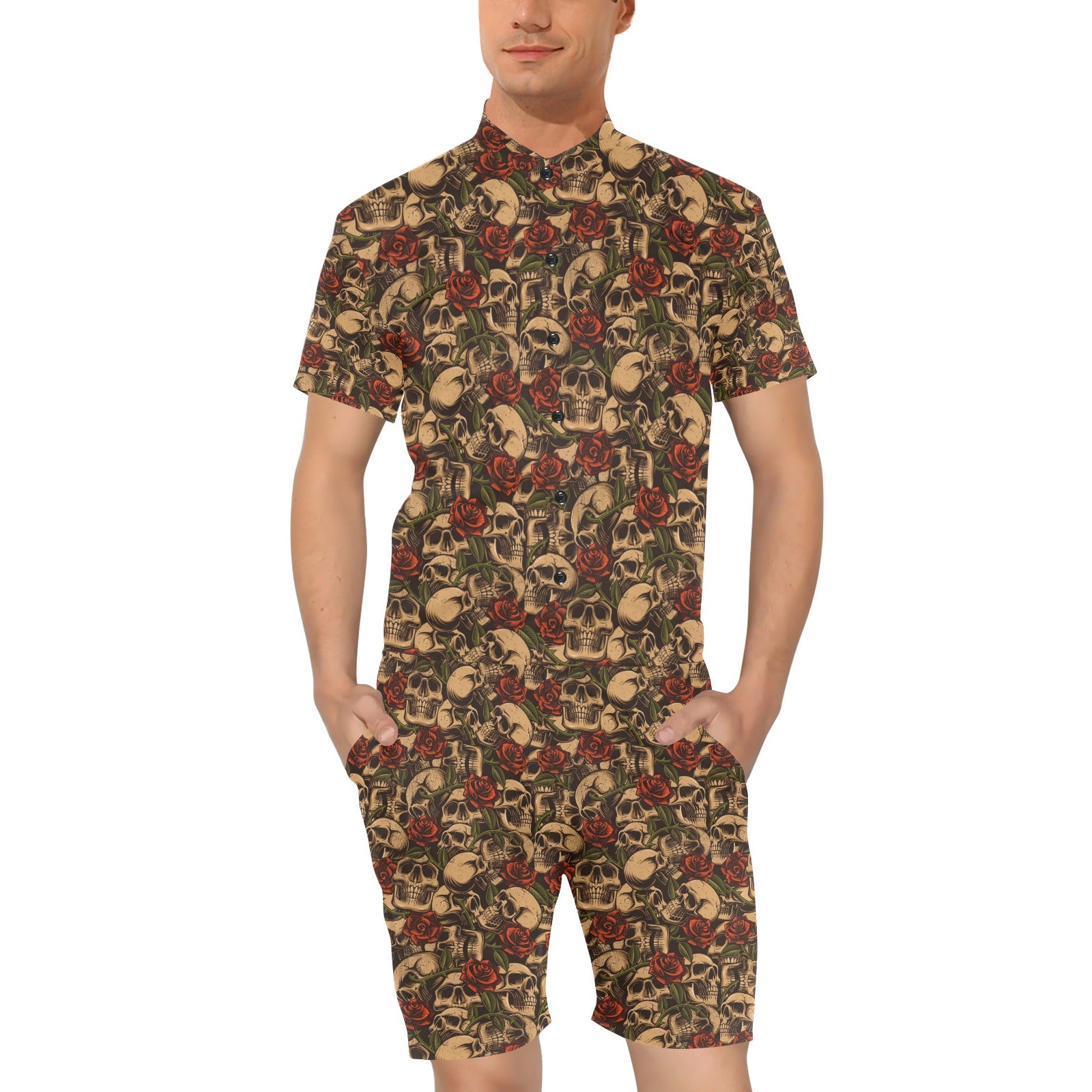 Skull Roses Vintage Design Themed Print Men's Romper