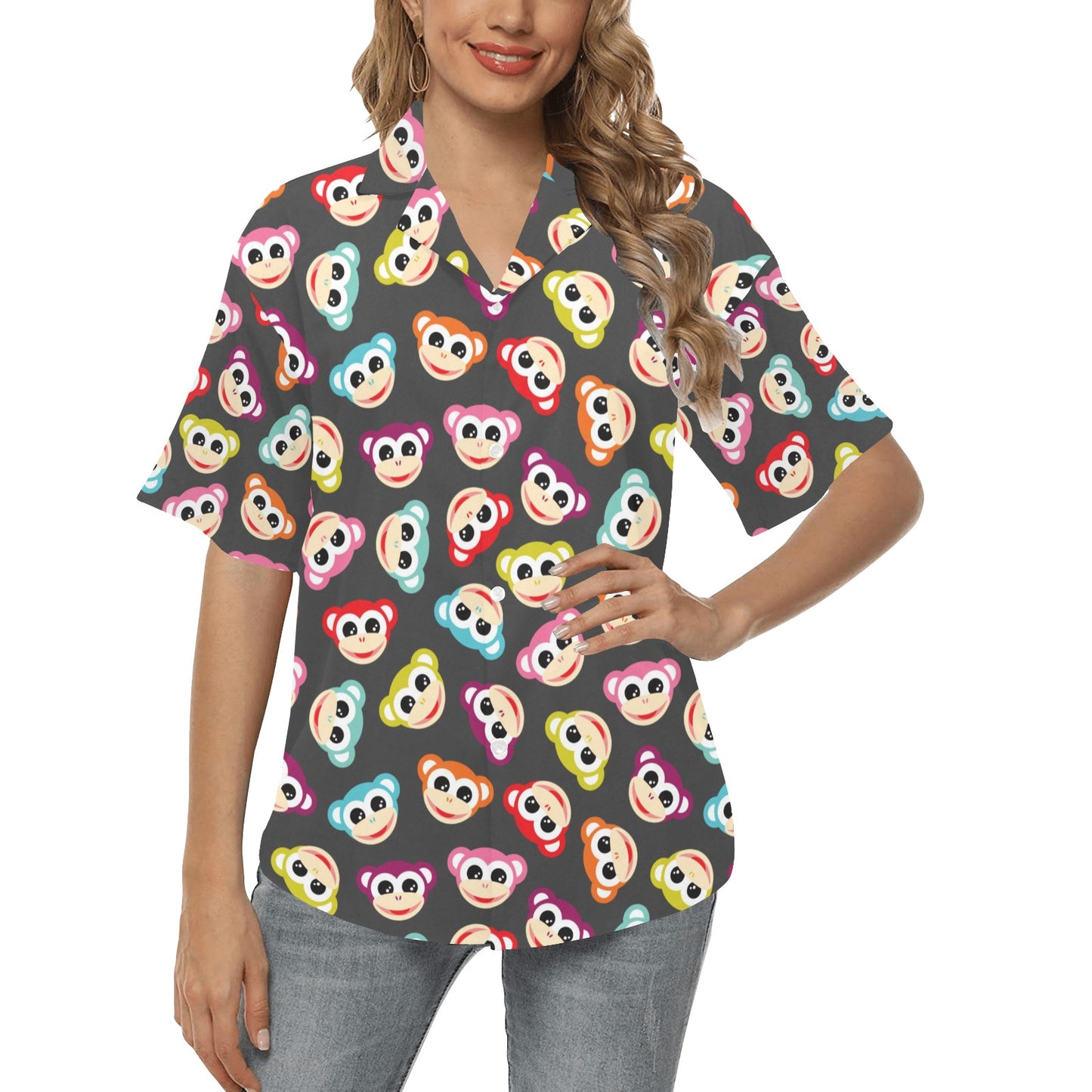 Monkey Head Design Themed Print Women's Hawaiian Shirt
