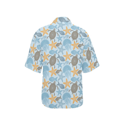 Polynesian Jellyfish Turtle Print Women's Hawaiian Shirt