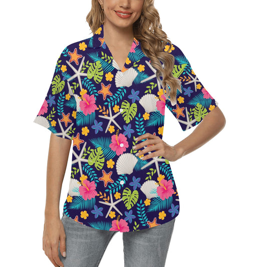 Beach Seashell Floral Theme Women's Hawaiian Shirt