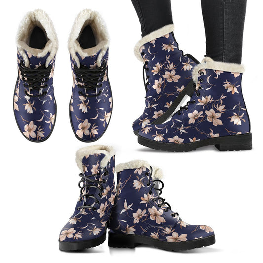 Beautiful Floral Pattern Faux Fur Leather Boots